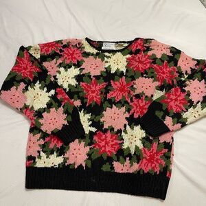 Countryside Classics Floral Knit VTG Cottage Core Poinsettias Sweater Sz Medium